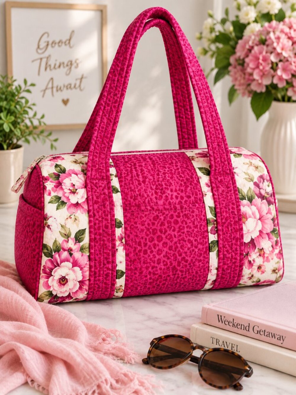 Handmade Quilted Floral Mini Duffel Bag Pink Travel Weekender Shoulder Tote